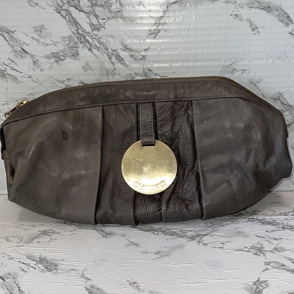 GUSTTO CARLA GREY LEATHER CLUTCH 17” L x 6” W x 5” H LEATHER WITH GOLD HARDWARE